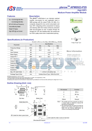 APM0923-P29 datasheet - Medium Power Amplifier Module