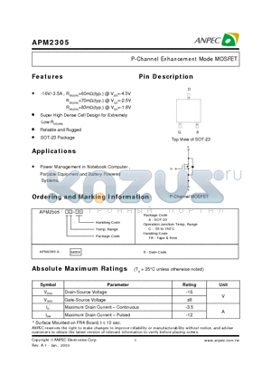 APM2305A datasheet - P-Channel Enhancement Mode MOSFET