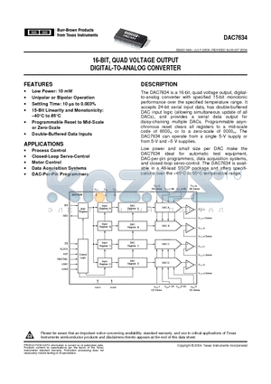 DAC7634E datasheet - 16-BIT, QUAD VOLTAGE OUTPUT DIGITAL-TO-ANALOG CONVERTER