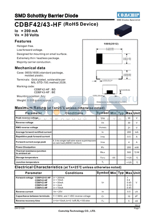 CDBF43-HF datasheet - SMD Schottky Barrier Diode