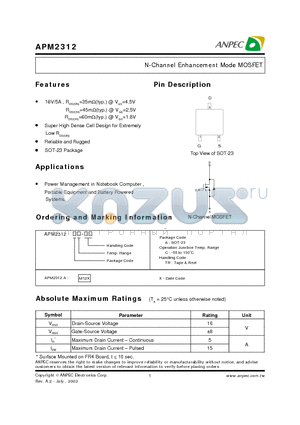 APM2312AC-TR datasheet - N-Channel Enhancement Mode MOSFET