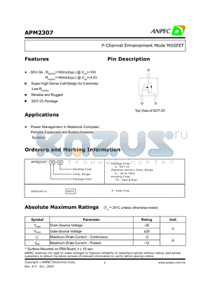 APM2307 datasheet - P-Channel Enhancement Mode MOSFET