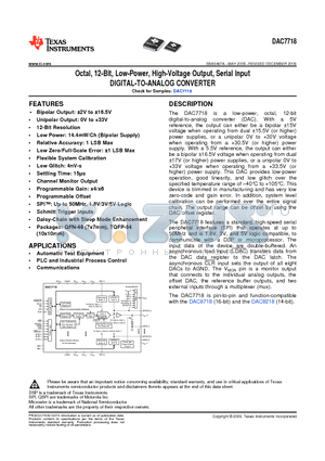 DAC7718SRGZR datasheet - Octal, 12-Bit, Low-Power, High-Voltage Output, Serial Input DIGITAL-TO-ANALOG CONVERTER