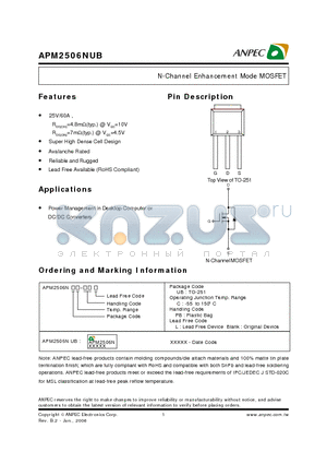 APM2506NUB datasheet - N-Channel Enhancement Mode MOSFET