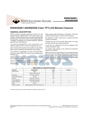 ENH038QD1-450 datasheet - ENH038QD1-450/600/650 Color TFT-LCD Module Features