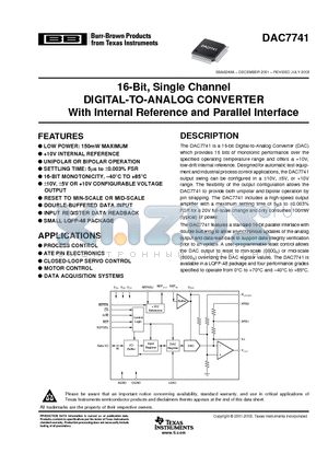 DAC7741YC/250 datasheet - 16-Bit, Single Channel DIGITAL-TO-ANALOG CONVERTER With Internal Reference and Parallel Interface