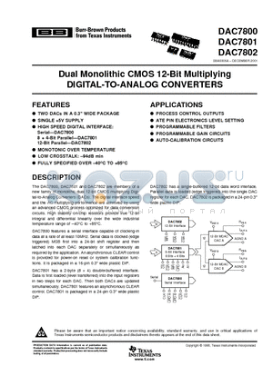 DAC7800 datasheet - Dual Monolithic CMOS 12-Bit Multiplying DIGITAL-TO-ANALOG CONVERTERS