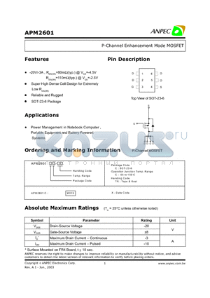 APM2601 datasheet - P-Channel Enhancement Mode MOSFET