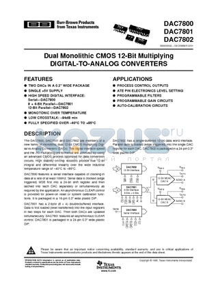 DAC7800KU datasheet - Dual Monolithic CMOS 12-Bit Multiplying DIGITAL-TO-ANALOG CONVERTERS