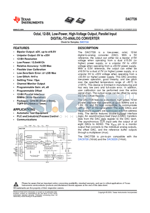 DAC7728SRTQR datasheet - Octal, 12-Bit, Low-Power, High-Voltage Output, Parallel Input DIGITAL-TO-ANALOG CONVERTER