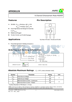 APM3011NGC-TU datasheet - N-Channel Enhancement Mode MOSFET