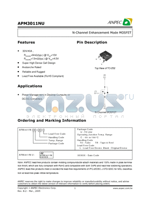 APM3011NUC-TU datasheet - N-Channel Enhancement Mode MOSFET