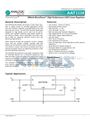 AAT3238 datasheet - 300mA MicroPowerTM High Performance LDO Linear Regulator