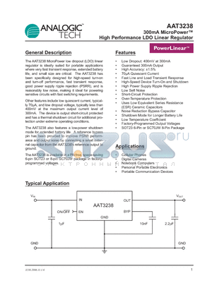 AAT3238IGU-1.6-T1 datasheet - 300mA MicroPower High Performance LDO Linear Regulator