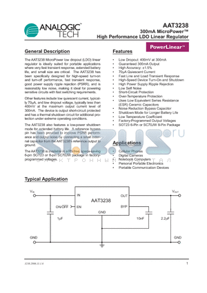 AAT3238IGU-1.85-T1 datasheet - 300mA MicroPower High Performance LDO Linear Regulator