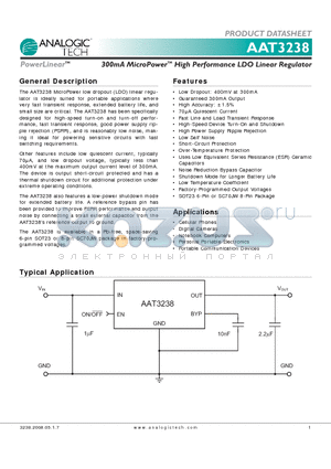 AAT3238IJS-1.2-T1 datasheet - 300mA MicroPowerTM High Performance LDO Linear Regulator