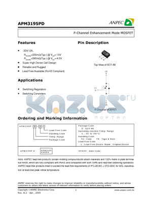 APM3195PDC-TUL datasheet - P-Channel Enhancement Mode MOSFET