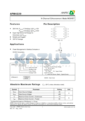 APM4220 datasheet - N-Channel Enhancement Mode MOSFET