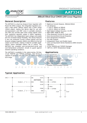AAT3242ITP-IQ-T1 datasheet - 300mA/150mA Dual CMOS LDO Linear Regulator