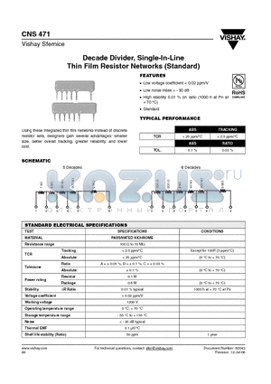 CNS471A6 datasheet - Decade Divider, Single-In-Line Thin Film Resistor Networks (Standard)