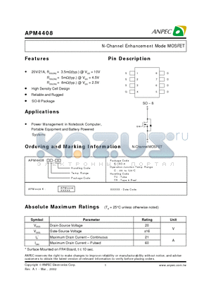APM4408 datasheet - N-Channel Enhancement Mode MOSFET