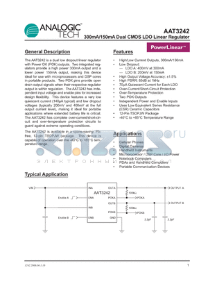 AAT3242ITP-QQ-T1 datasheet - 300mA/150mA Dual CMOS LDO Linear Regulator