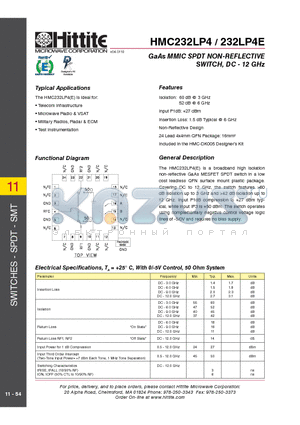 232LP4E datasheet - GaAs MMIC SPDT NON-REFLECTIVE SWITCH, DC - 12 GHz