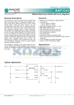 AAT3242ITP-SG-T1 datasheet - 300mA/150mA Dual CMOS LDO Linear Regulator