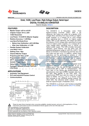 DAC8218 datasheet - Octal, 14-Bit, Low-Power, High-Voltage Output, Serial Input DIGITAL-TO-ANALOG CONVERTER