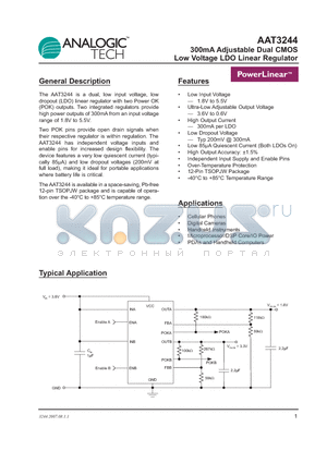 AAT3244ITP-AA-T1 datasheet - 300mA Adjustable Dual CMOS Low Voltage LDO Linear Regulator