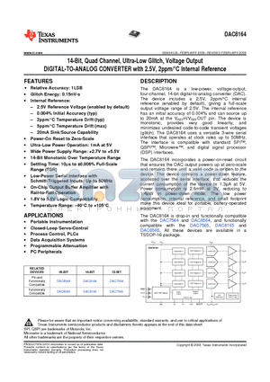 DAC8164IAPWRG4 datasheet - 14-Bit, Quad Channel, Ultra-Low Glitch, Voltage Output DIGITAL-TO-ANALOG CONVERTER with 2.5V, 2ppm/`C Internal Reference