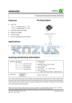 APM4425KC-TUL datasheet - P-Channel Enhancement Mode MOSFET