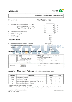 APM4429 datasheet - P-Channel Enhancement Mode MOSFET