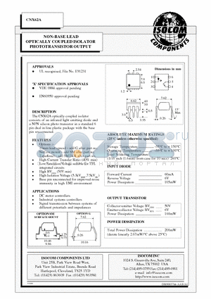 CNX62A datasheet - NON-BASE LEAD OPTICALLY COUPLED ISOLATOR PHOTOTRANSISTOR OUTPUT