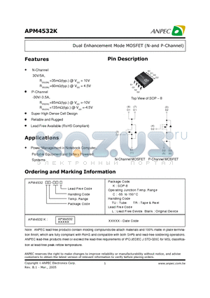 APM4532KC-TRL datasheet - Dual Enhancement Mode MOSFET (N-and P-Channel)