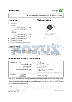 APM4536KC-TU datasheet - Dual Enhancement Mode MOSFET (N-and P-Channel)