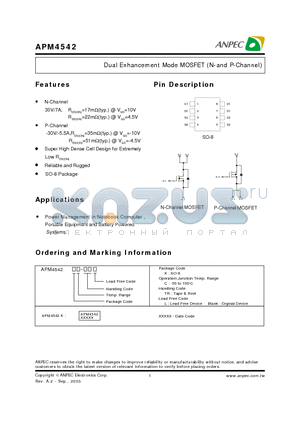 APM4542 datasheet - Dual Enhancement Mode MOSFET (N-and P-Channel)