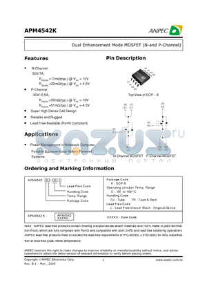 APM4542K datasheet - Dual Enhancement Mode MOSFET (N-and P-Channel)