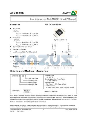 APM4548K datasheet - Dual Enhancement Mode MOSFET (N-and P-Channel)