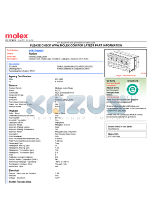 44170-0001 datasheet - Modular Jack, Right Angle, Shielded, Lightpipes, Stacked, 8/8, 8 Ports