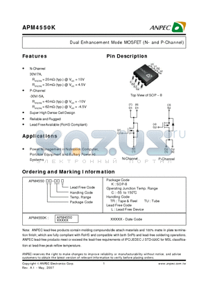APM4550KC-TRL datasheet - Dual Enhancement Mode MOSFET (N- and P-Channel)