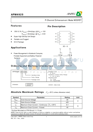 APM4925 datasheet - P CHANNEL ENHANCEMENT MODE MOSFET