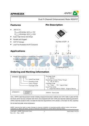 APM4925KC-TU datasheet - Dual P-Channel Enhancement Mode MOSFET