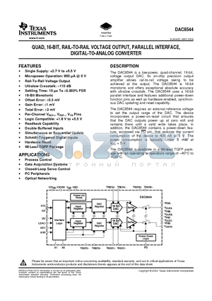 DAC8544I datasheet - QUAD, 16-BIT, RAIL-TO-RAIL VOLTAGE OUTPUT, PARALLEL INTERFACE, DIGITAL-TO-ANALOG CONVERTER