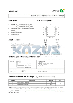 APM7313 datasheet - Dual N-Channel Enhancement Mode MOSFET