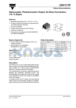 CNY117F-1 datasheet - Optocoupler, Phototransistor Output, No Base Connection, 110 Degree Celcious Rated