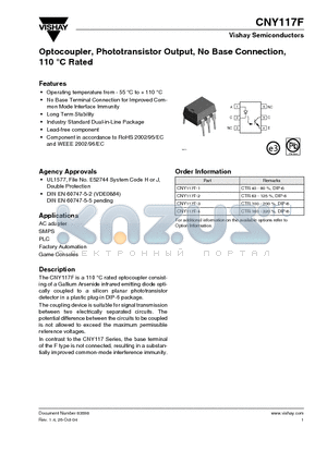 CNY117F-2 datasheet - Optocoupler, Phototransistor Output, No Base Connection, 110 Degree Celcious Rated