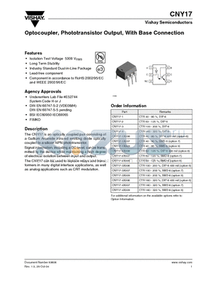 CNY17 datasheet - Optocoupler, Phototransistor Output, With Base Connection
