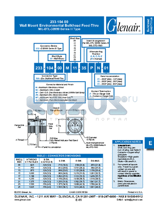 233-104-00AL23-35SA-01 datasheet - Wall Mount Environmental Bulkhead Feed-Thru