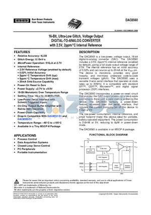 DAC8560IADGKT datasheet - 16-Bit, Ultra-Low Glitch, Voltage Output DIGITAL-TO-ANALOG CONVERTER with 2.5V, 2ppm/`C Internal Reference